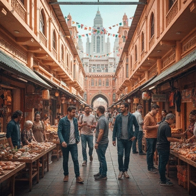 Diverse group of people smiling in a vibrant Houston neighborhood