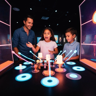 Family exploring an interactive museum exhibit in Houston, bright and engaging