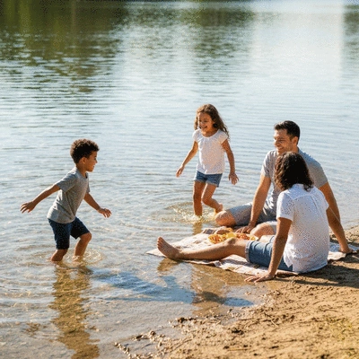 Family enjoying a picnic by the water at Buffalo Bayou Park, with children playing and parents relaxing, bright sunny day, natural light, no text, no words, no typography, clean image