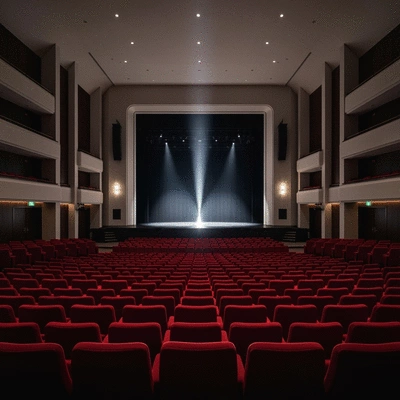Modern theater interior with red seats and stage lights