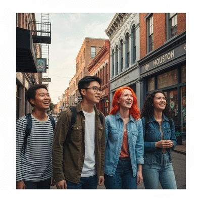 Diverse group of friends exploring a vibrant Houston neighborhood street, looking at street art and local shops, with a warm, inviting atmosphere.