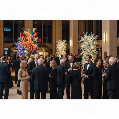 People enjoying a performance in a bustling theater lobby