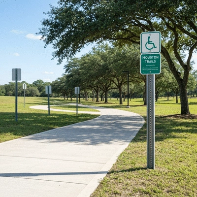 Accessible features on Houston's outdoor trails, including paved paths and clear signage for all visitors.