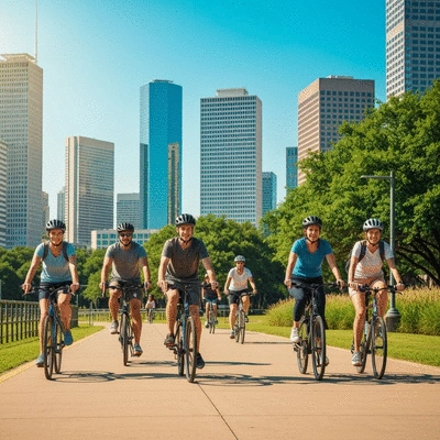 Cyclists riding along a scenic path in Houston, with modern city buildings in the background