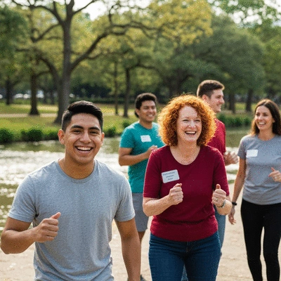 Diverse group of people participating in a community event at Buffalo Bayou Park, smiling and engaged, with park scenery in the background, natural light, no text, no words, no typography, clean image