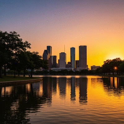 Panoramic view of Buffalo Bayou Park at sunset, with the Houston skyline in the background