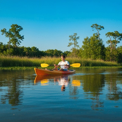 Person kayaking on a serene Houston bayou, surrounded by lush greenery under a clear sky