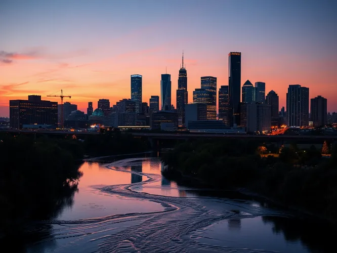 Vibrant Houston skyline at sunset with bayou in foreground